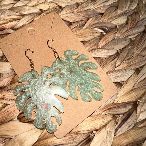 Brand New Handmade Green Leaf Acrylic Earrings with Gold Specs - Picture 2 of 3